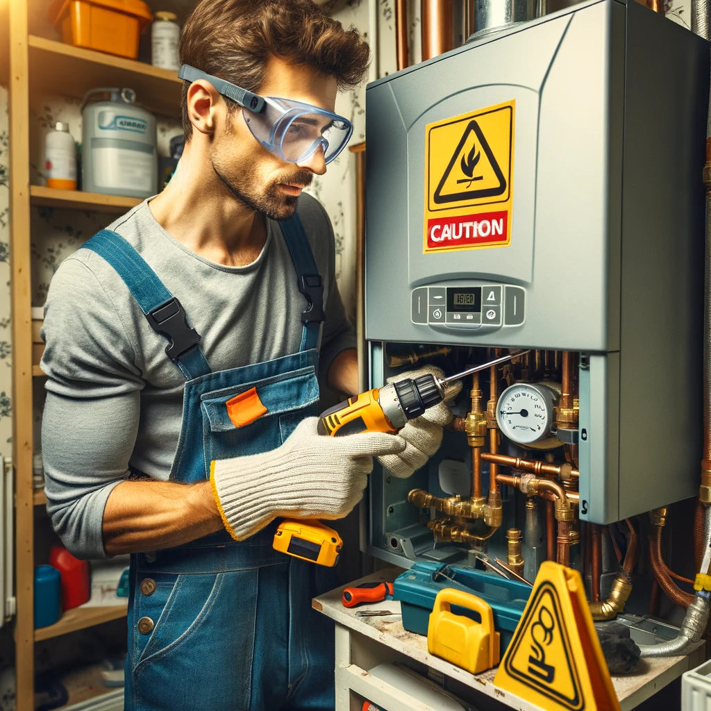 A professional technician performing maintenance on a residential boiler